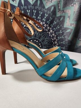 ⭐️Jessica Simpson Maselli Teal Turquoise Blue Leather Stiletto Heel Sandal Sz 10
